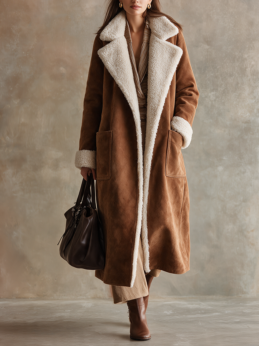 Women's Vintage-Style Faux Suede & Faux Shearling Long Coat