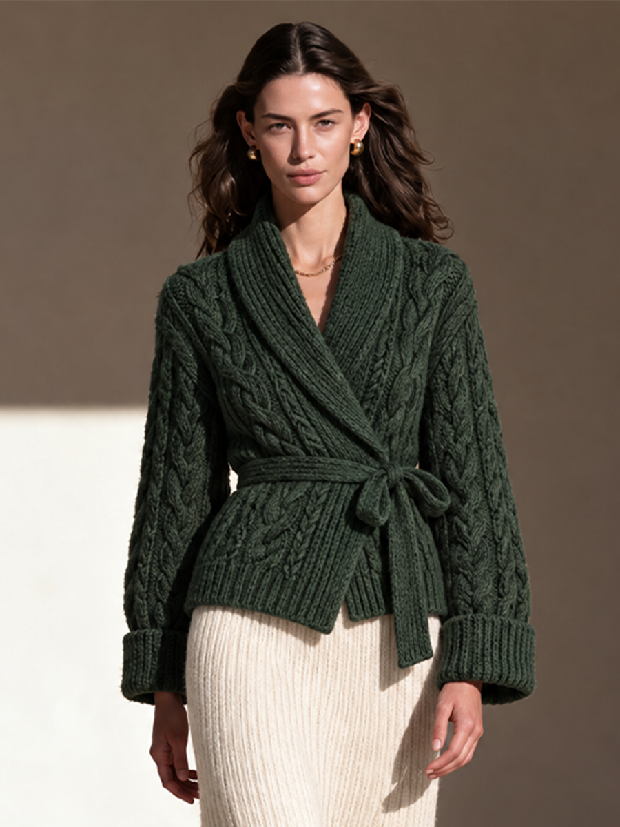 Women's Wrap Cable Knit Cardigan Green Office Wear