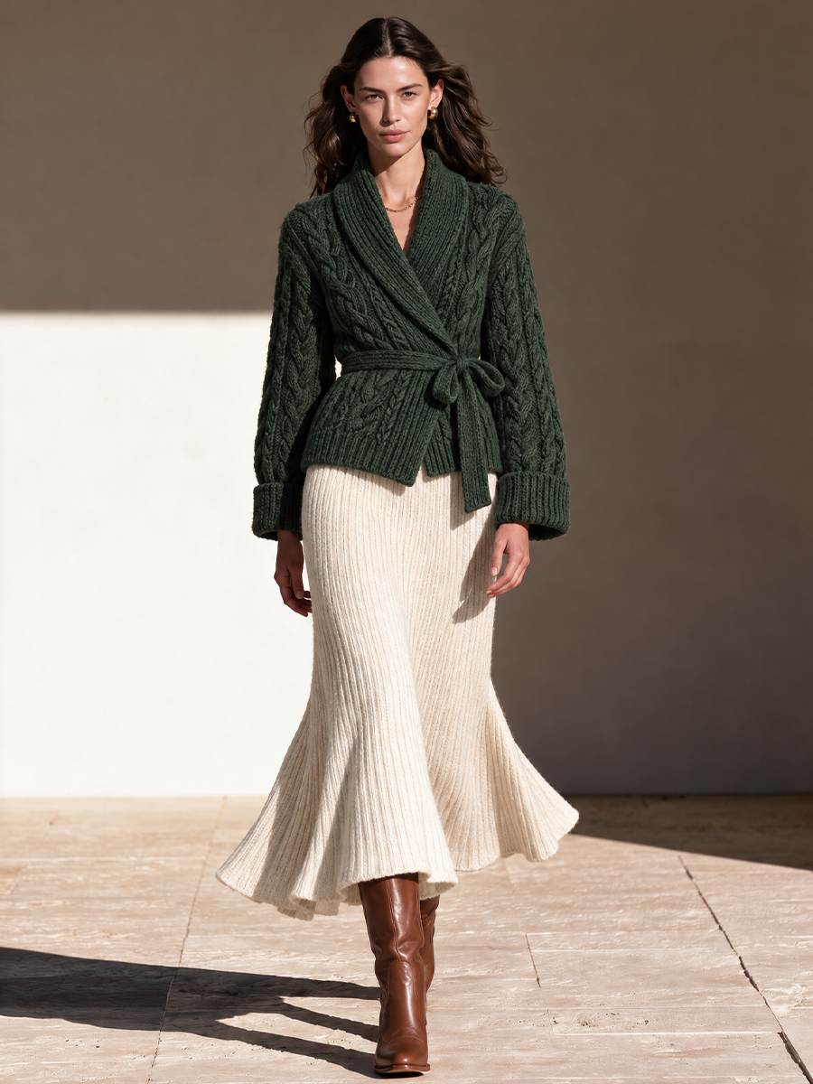 Women's Wrap Cable Knit Cardigan Green Office Wear