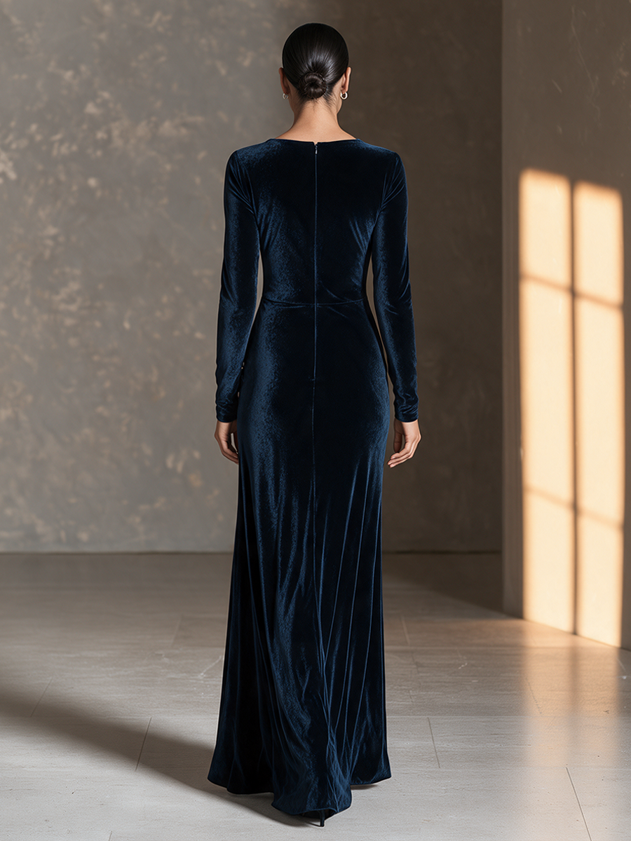 Women's Elegant Side-Ruched Velvet Maxi Dress