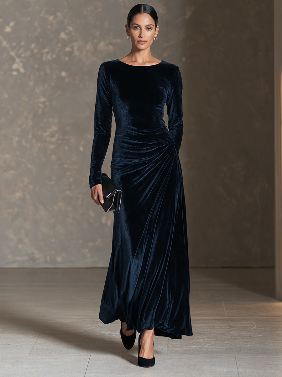 Women's Elegant Side-Ruched Velvet Maxi Dress