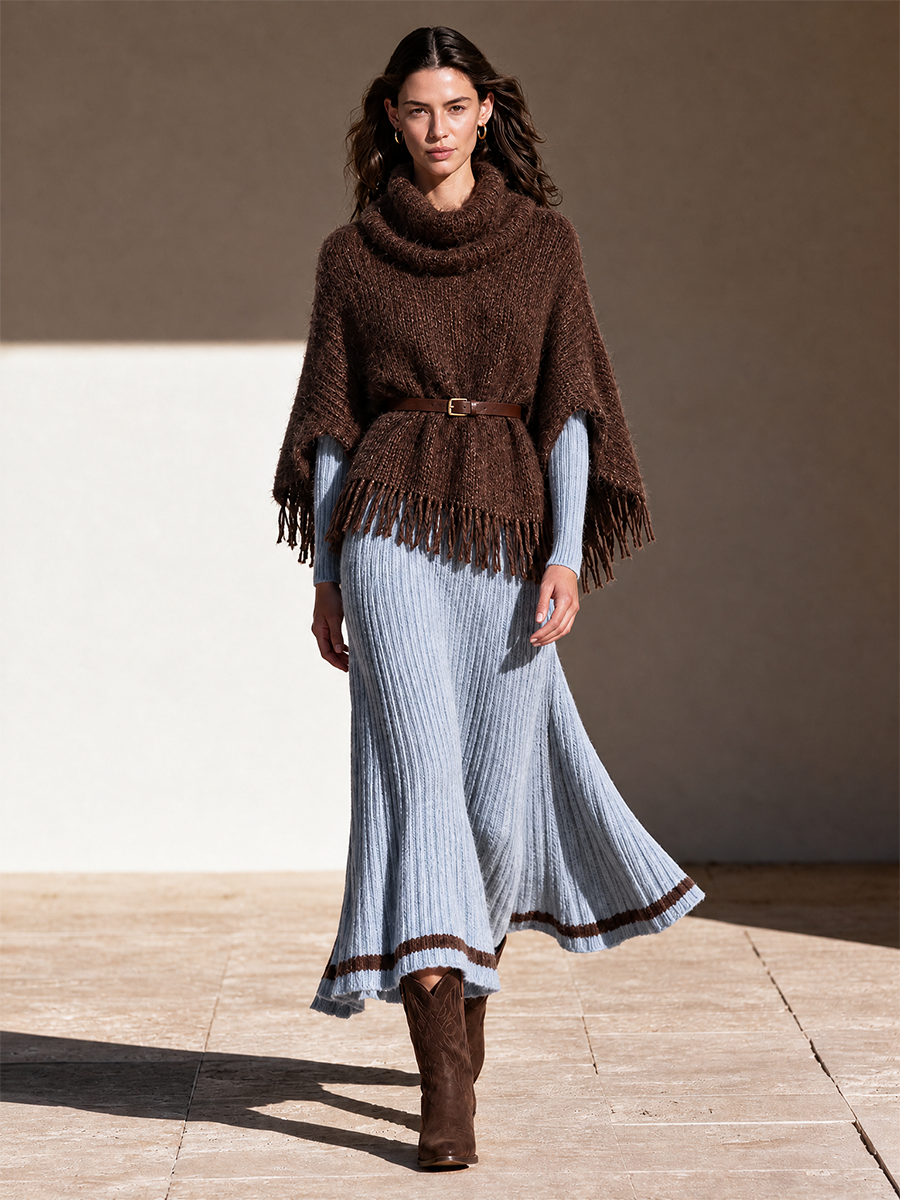 Women's Chocolate Brown Chunky Knit Cowl Neck Fringe Poncho Sweater