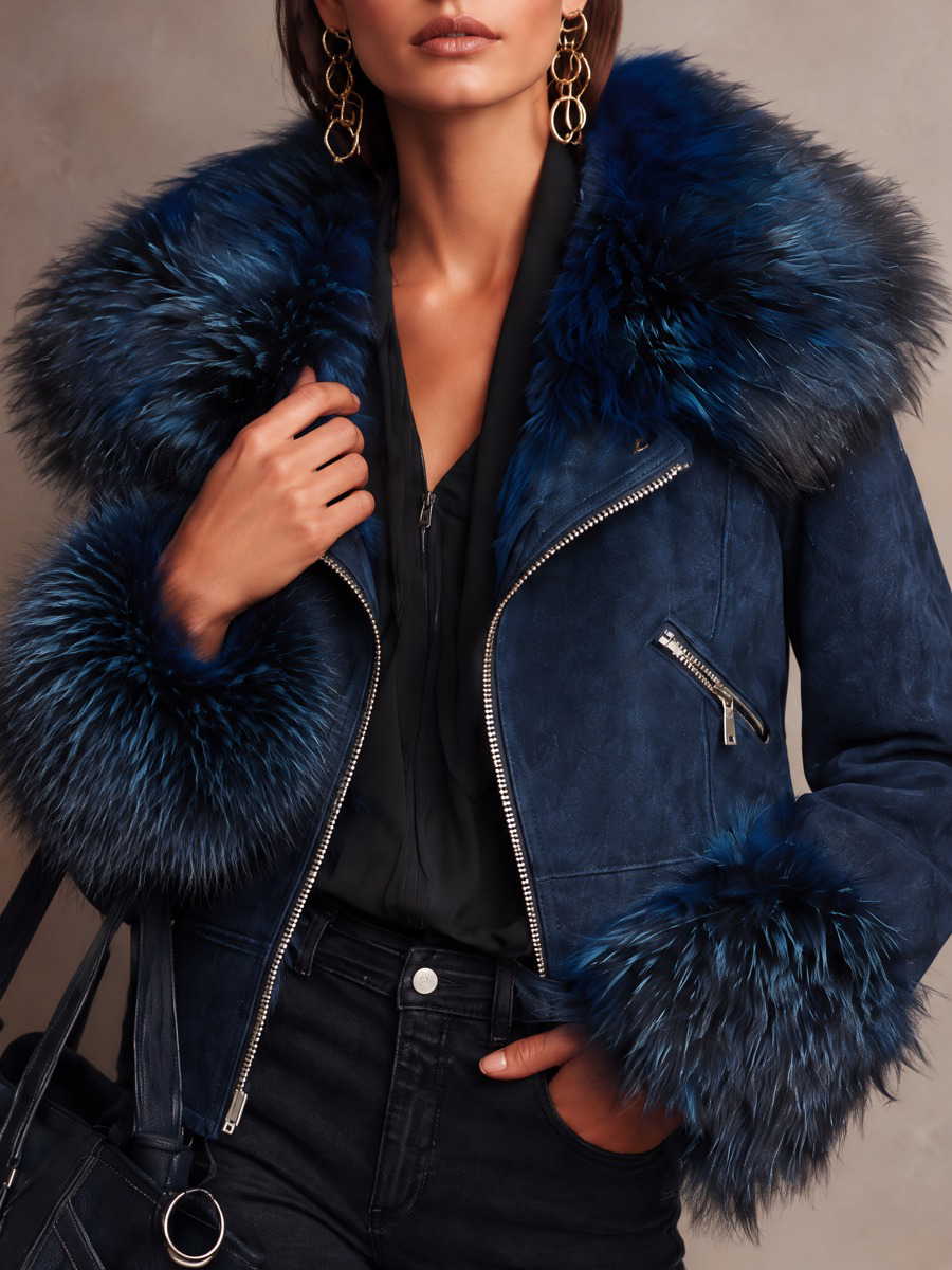 Women's Stylish Faux Suede & Fur-Trimmed Cropped Jacket