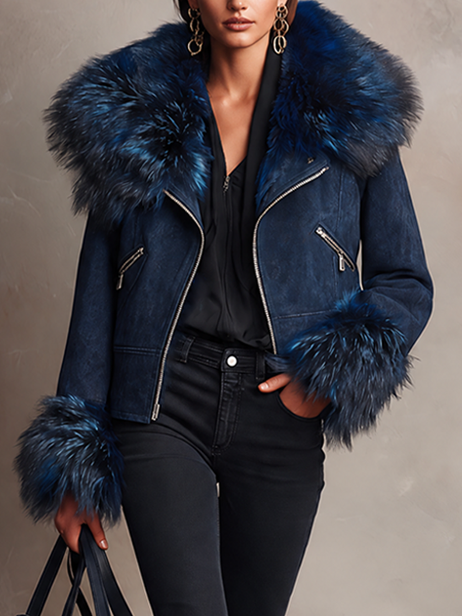 Women's Stylish Faux Suede & Fur-Trimmed Cropped Jacket