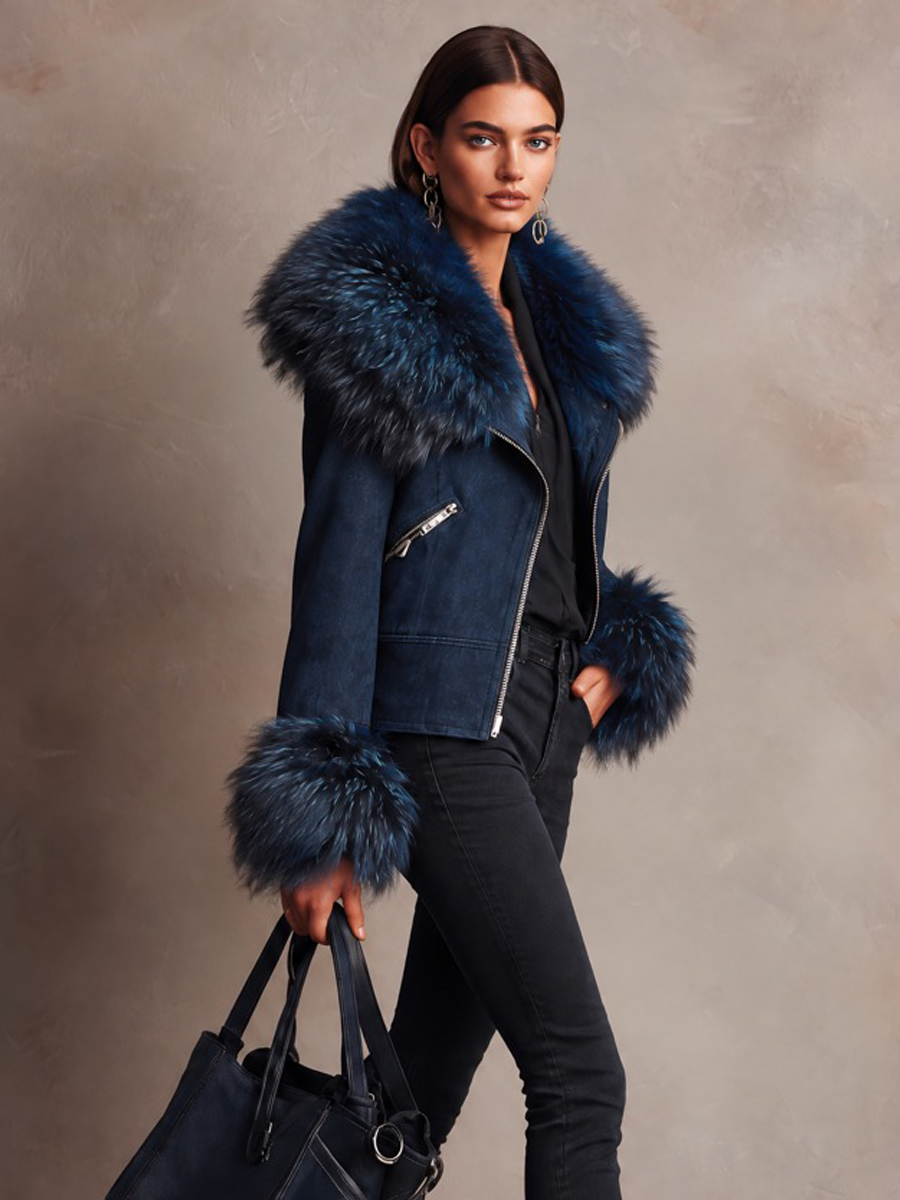 Women's Stylish Faux Suede & Fur-Trimmed Cropped Jacket