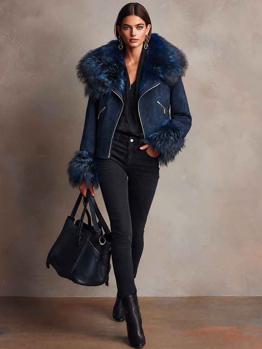 Women's Stylish Faux Suede & Fur-Trimmed Cropped Jacket