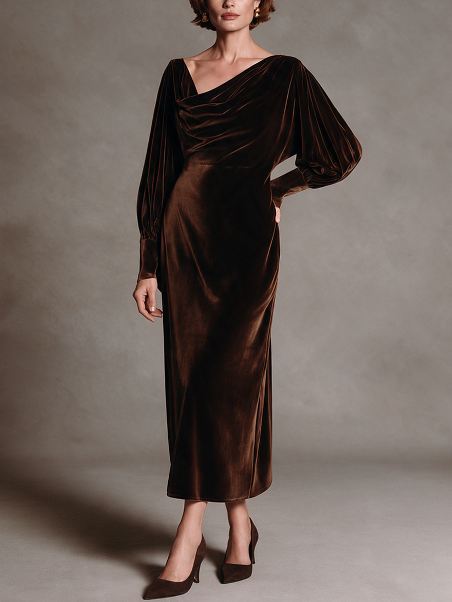 Women's Affordable Luxury Velvet Midi Dress With Cowl Neck