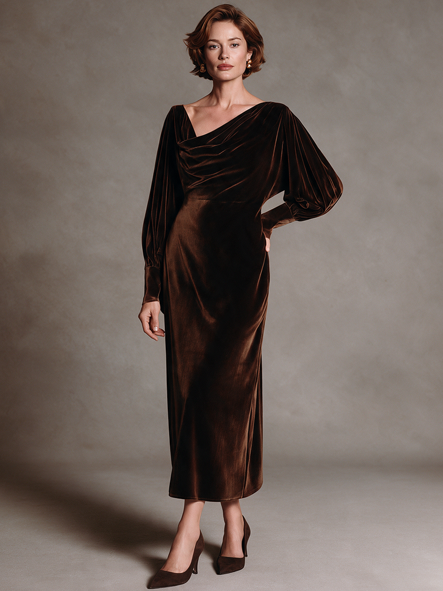 Women's Affordable Luxury Velvet Midi Dress With Cowl Neck