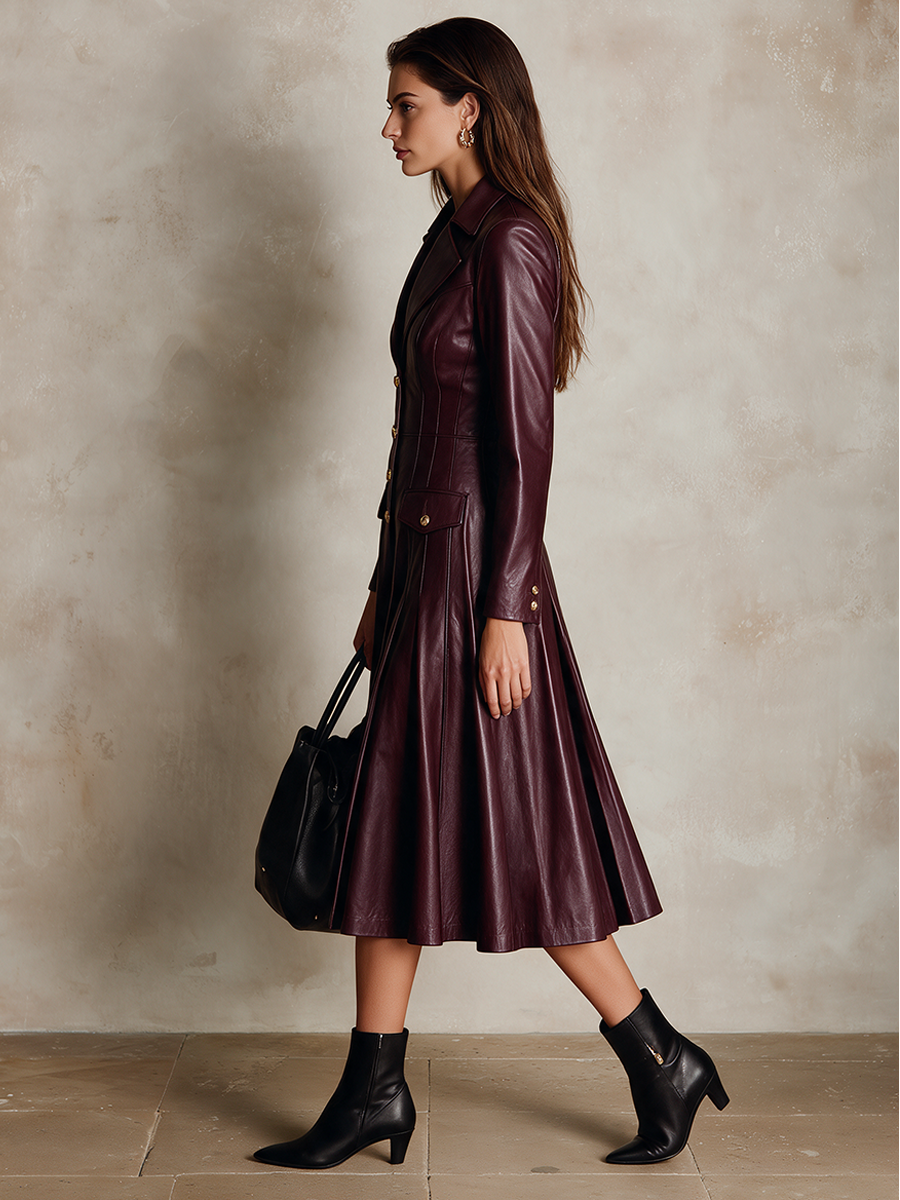 Women's Vintage-Style Faux Leather Midi Dress With Cinched Waist