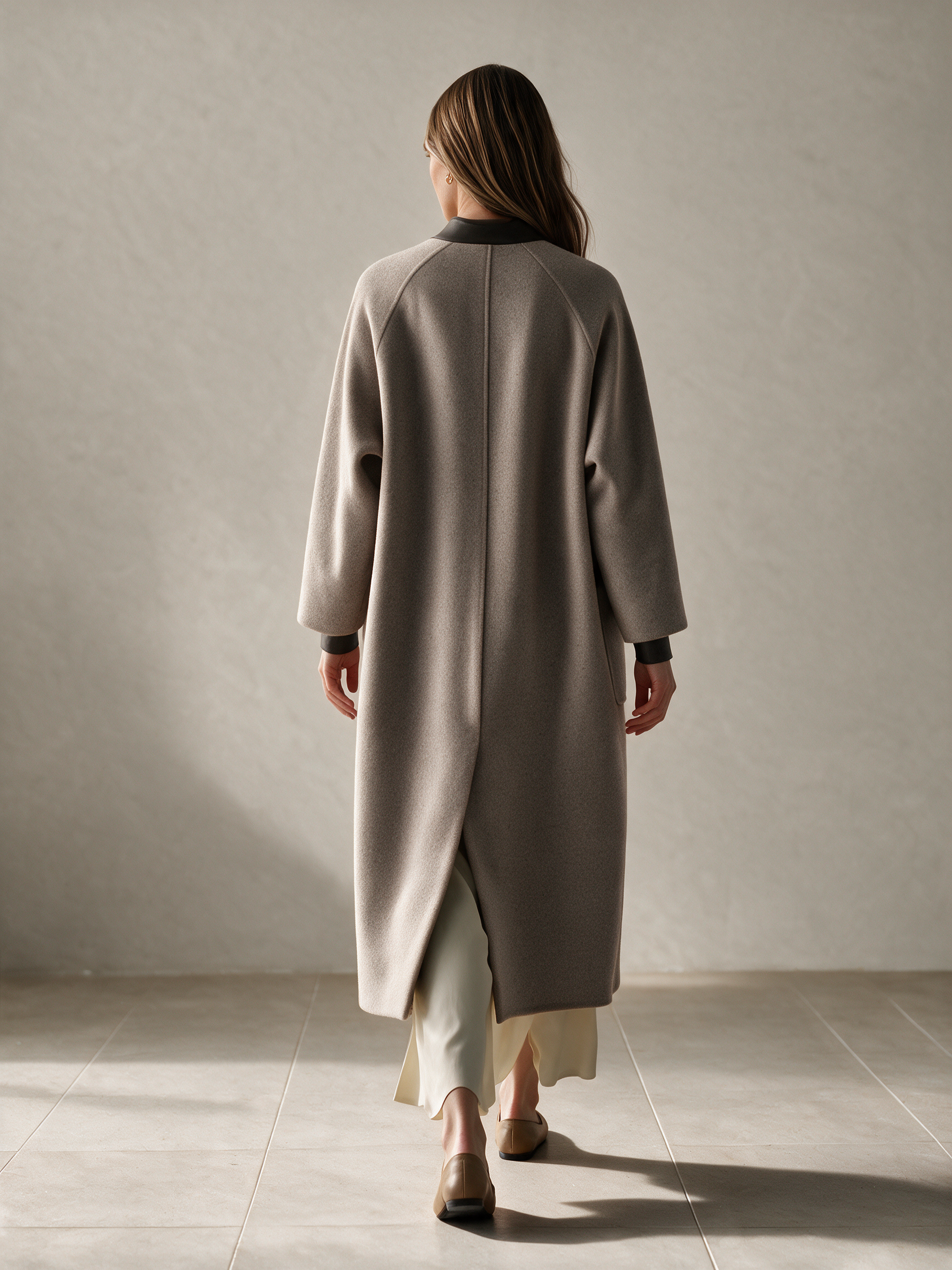 Women's Faux‑Leather Trim Loose Long Wool Coat
