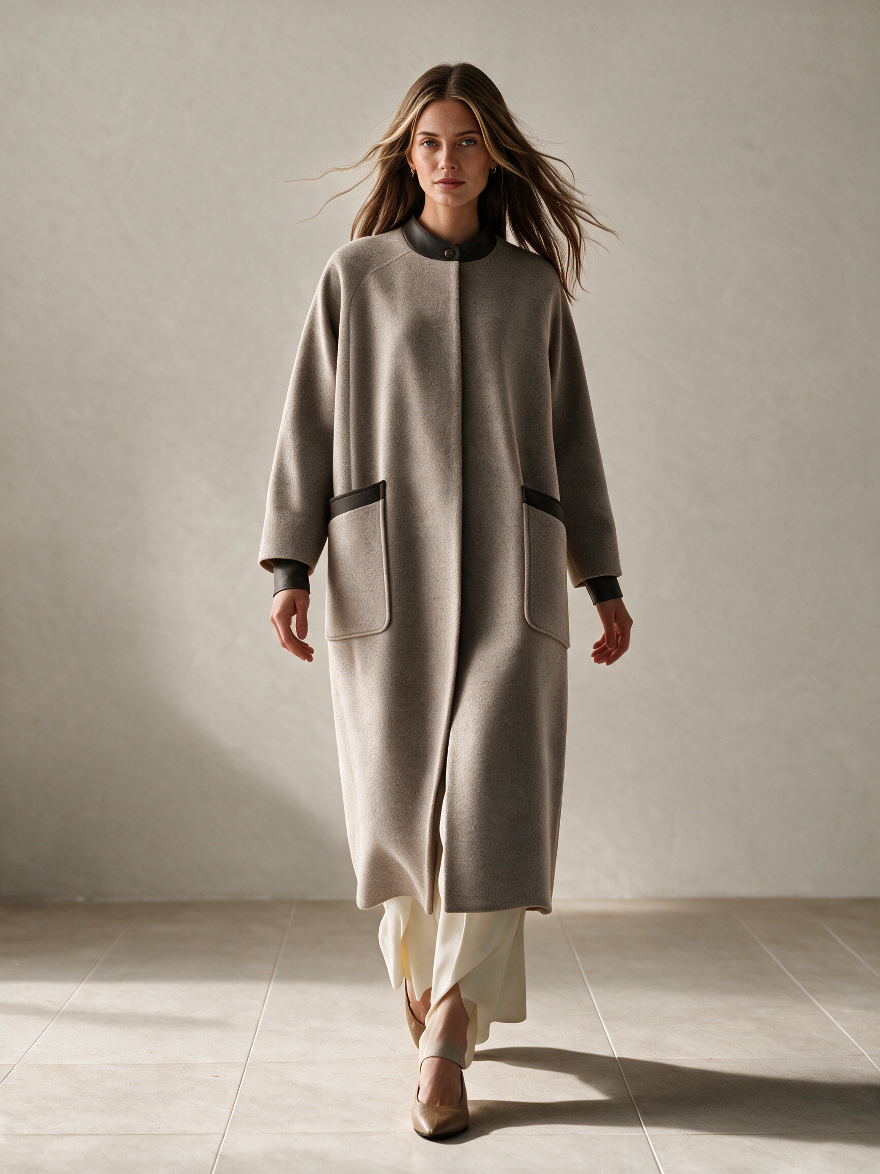 Women's Faux‑Leather Trim Loose Long Wool Coat