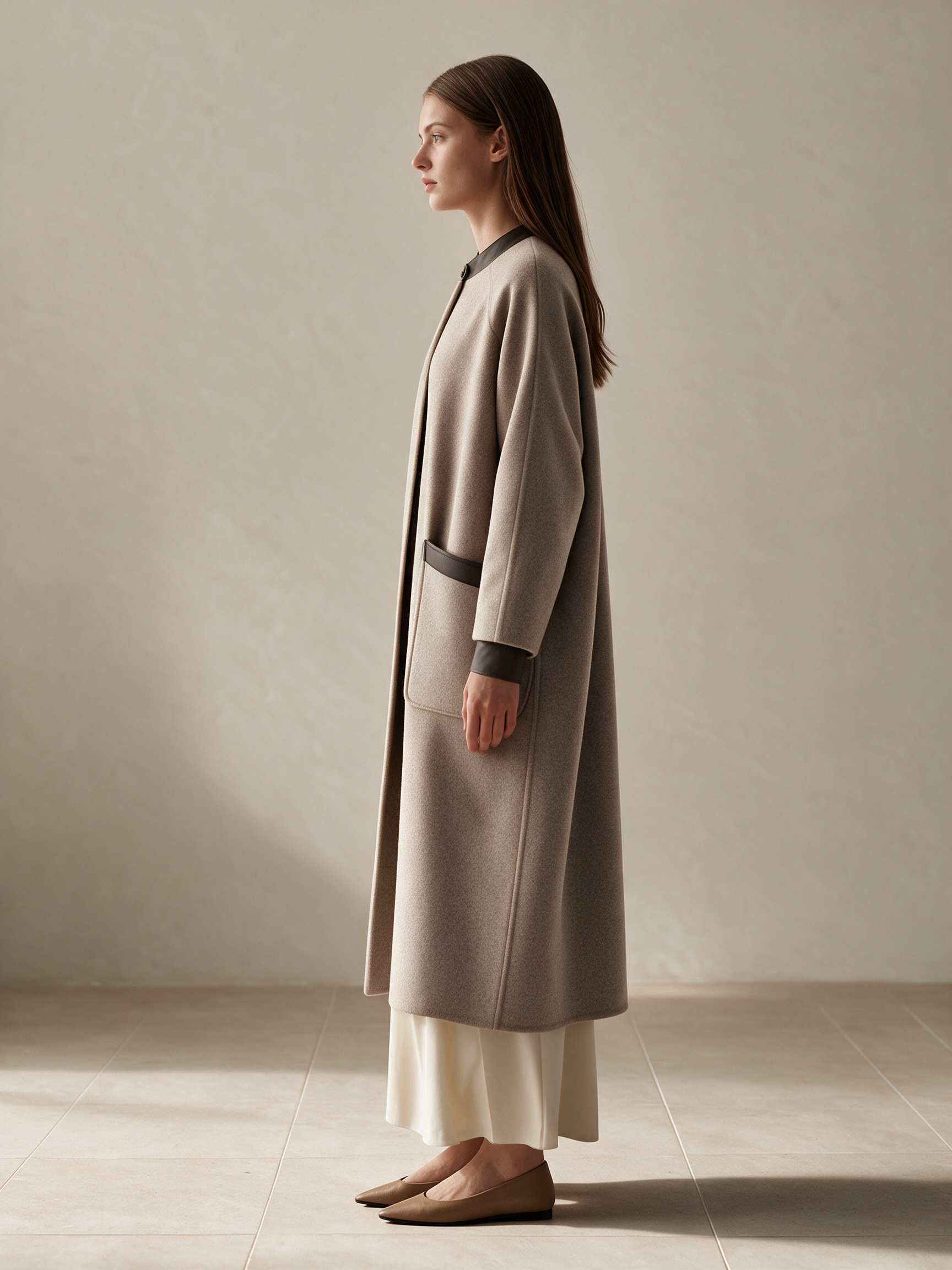 Women's Faux‑Leather Trim Loose Long Wool Coat