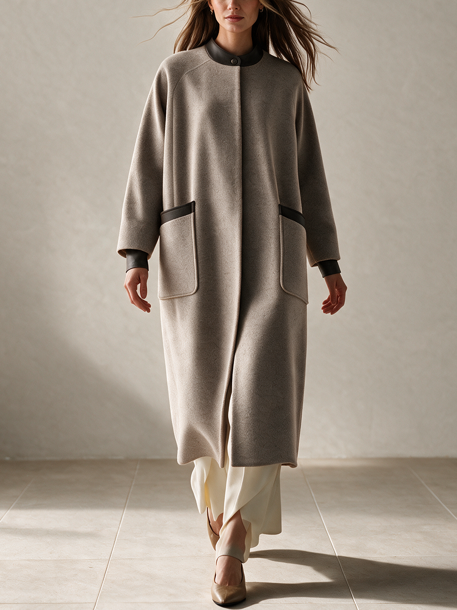Women's Faux‑Leather Trim Loose Long Wool Coat