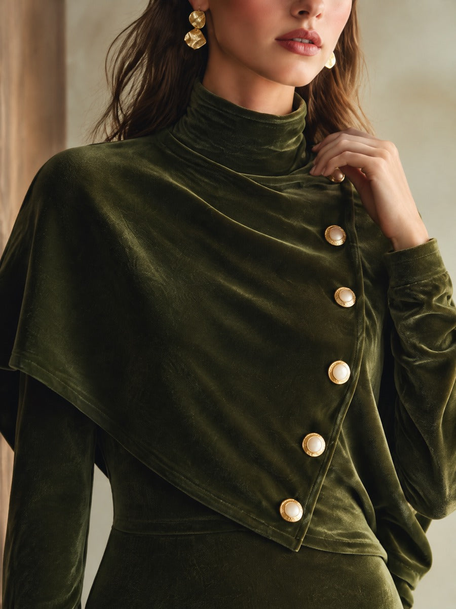 Women's Velvet Midi Dress With Buttoned Cape Overlay