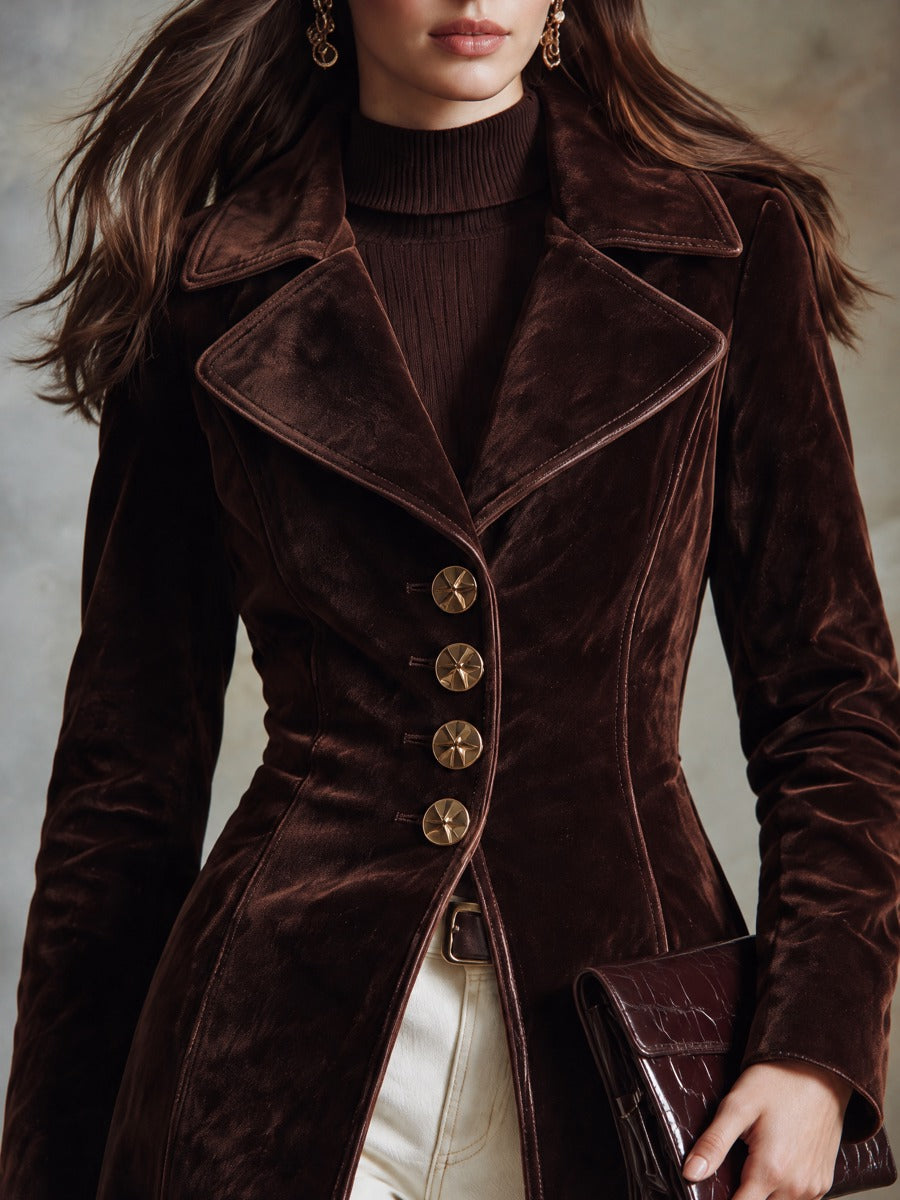 Women's Long Velvet Coat With Lapel And Waist-Defining Cut