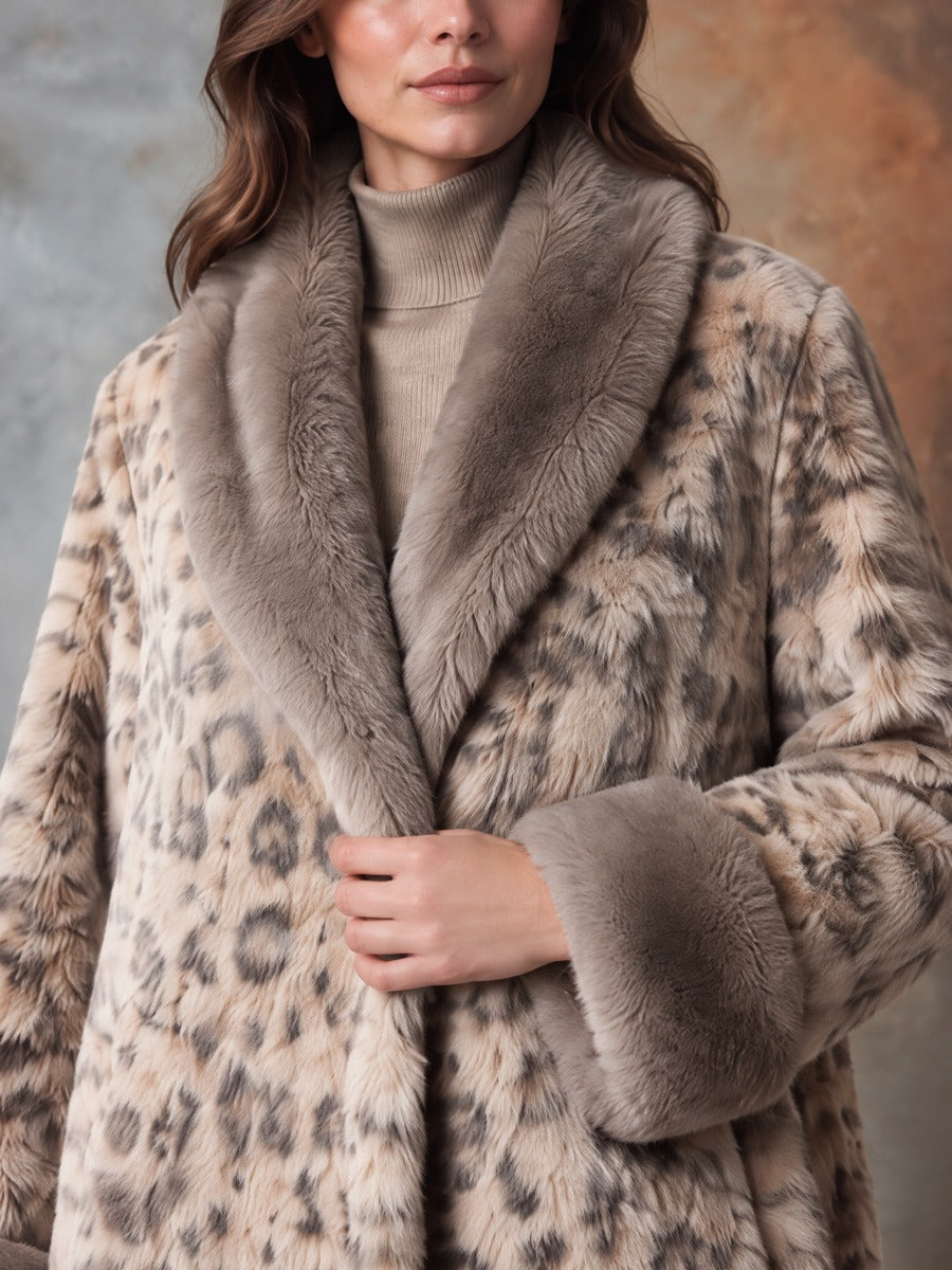 Women's Long Faux Fur Coat With Contrasting Collar And Leopard Print