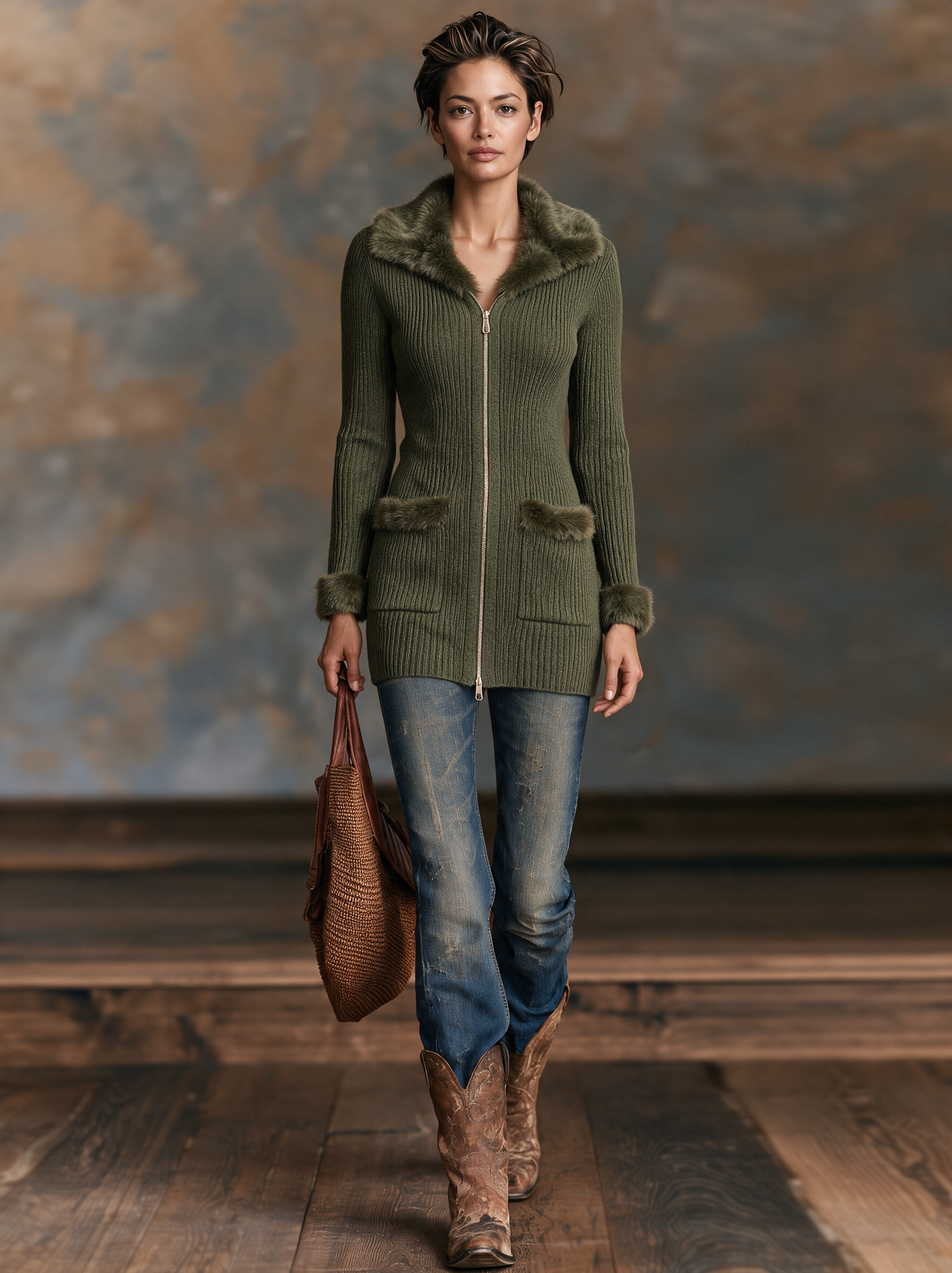 Women’s Vintage-Style Zip-Up Cardigan With Faux Fur Trim