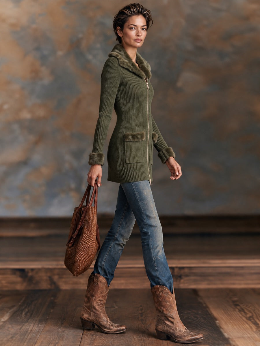Women’s Vintage-Style Zip-Up Cardigan With Faux Fur Trim