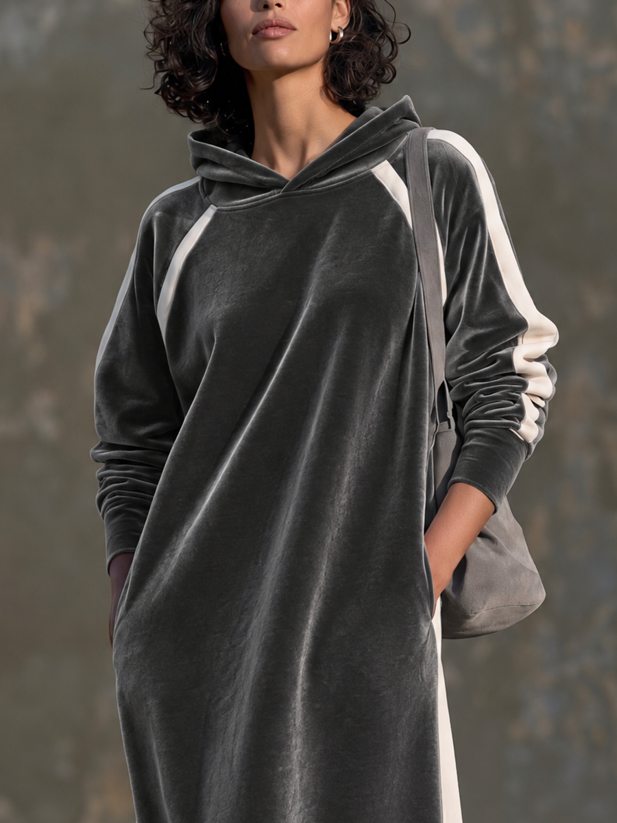 Women's Velvet Hooded Casual Midi Dress