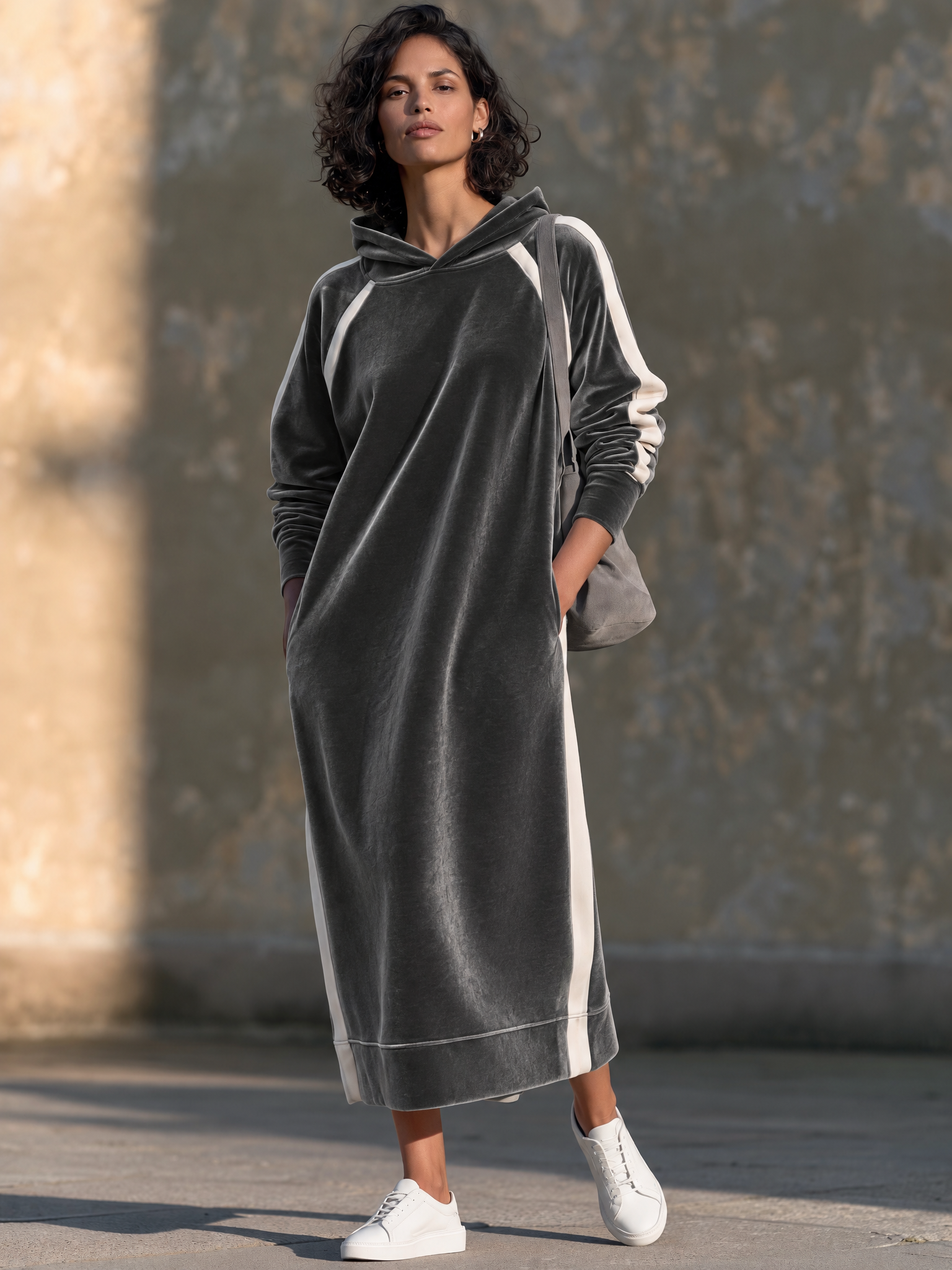 Women's Velvet Hooded Casual Midi Dress