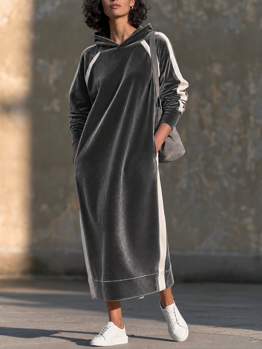 Women's Velvet Hooded Casual Midi Dress