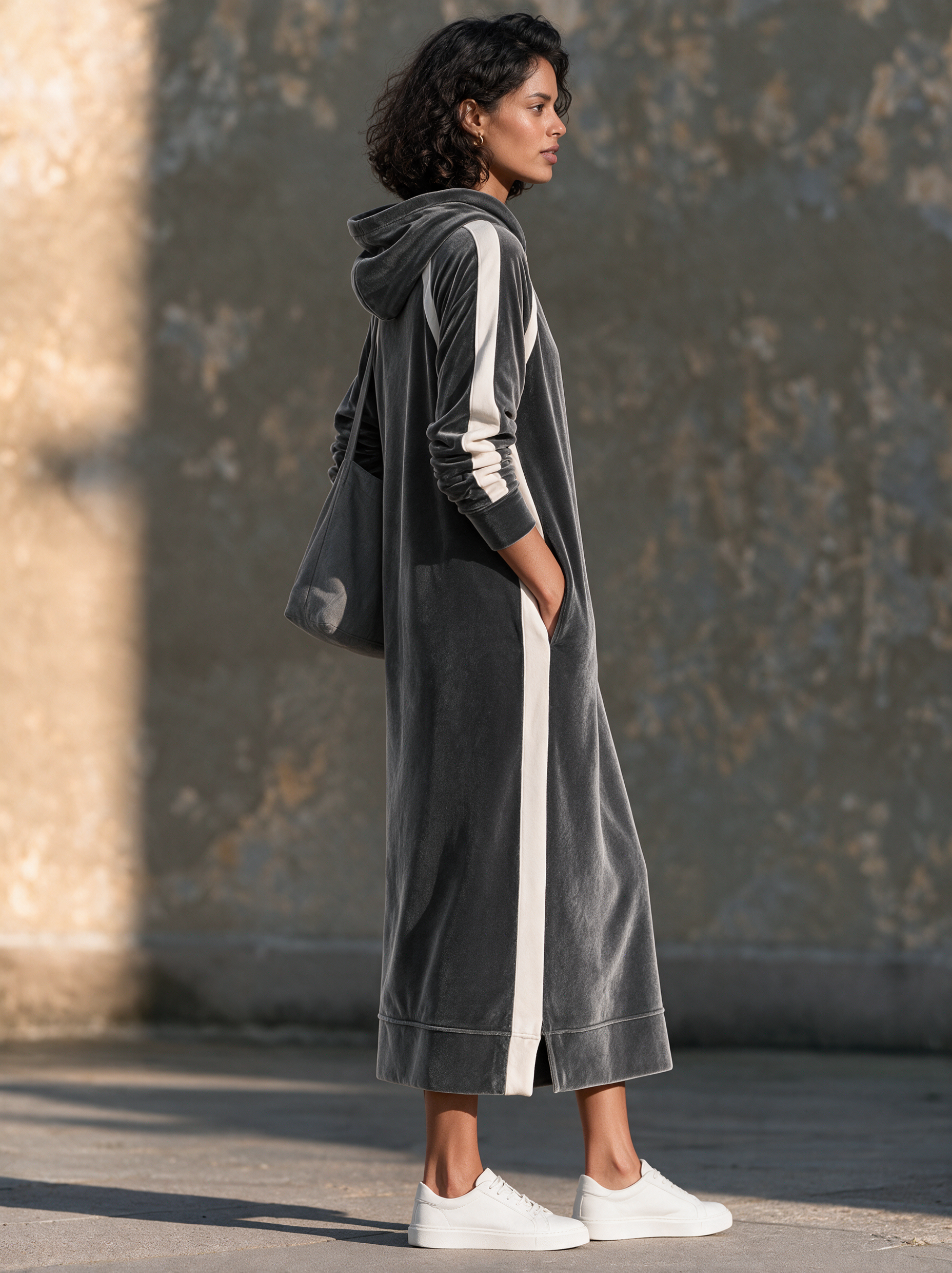 Women's Velvet Hooded Casual Midi Dress