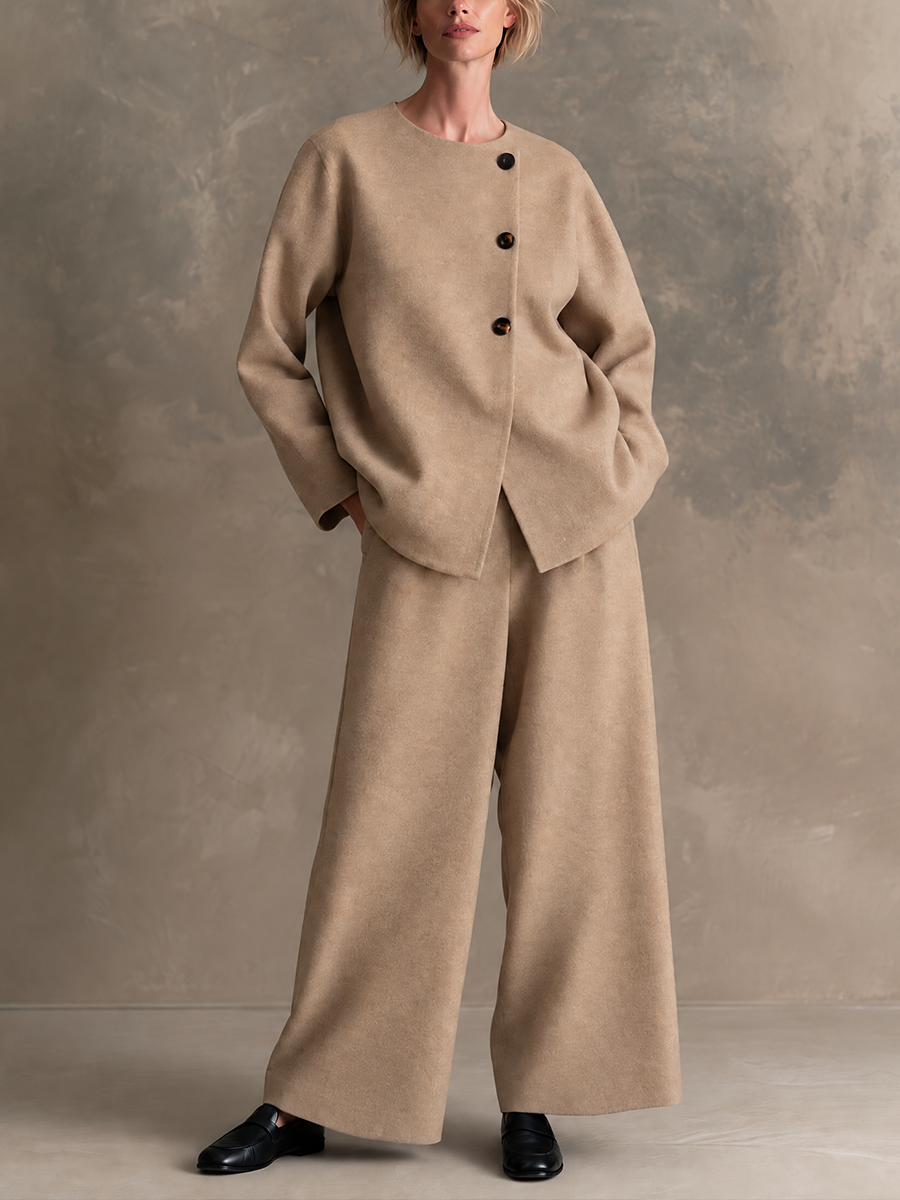 Women's Wool-Blend Crew Neck & Asymmetric Button Detail Two-Piece Set