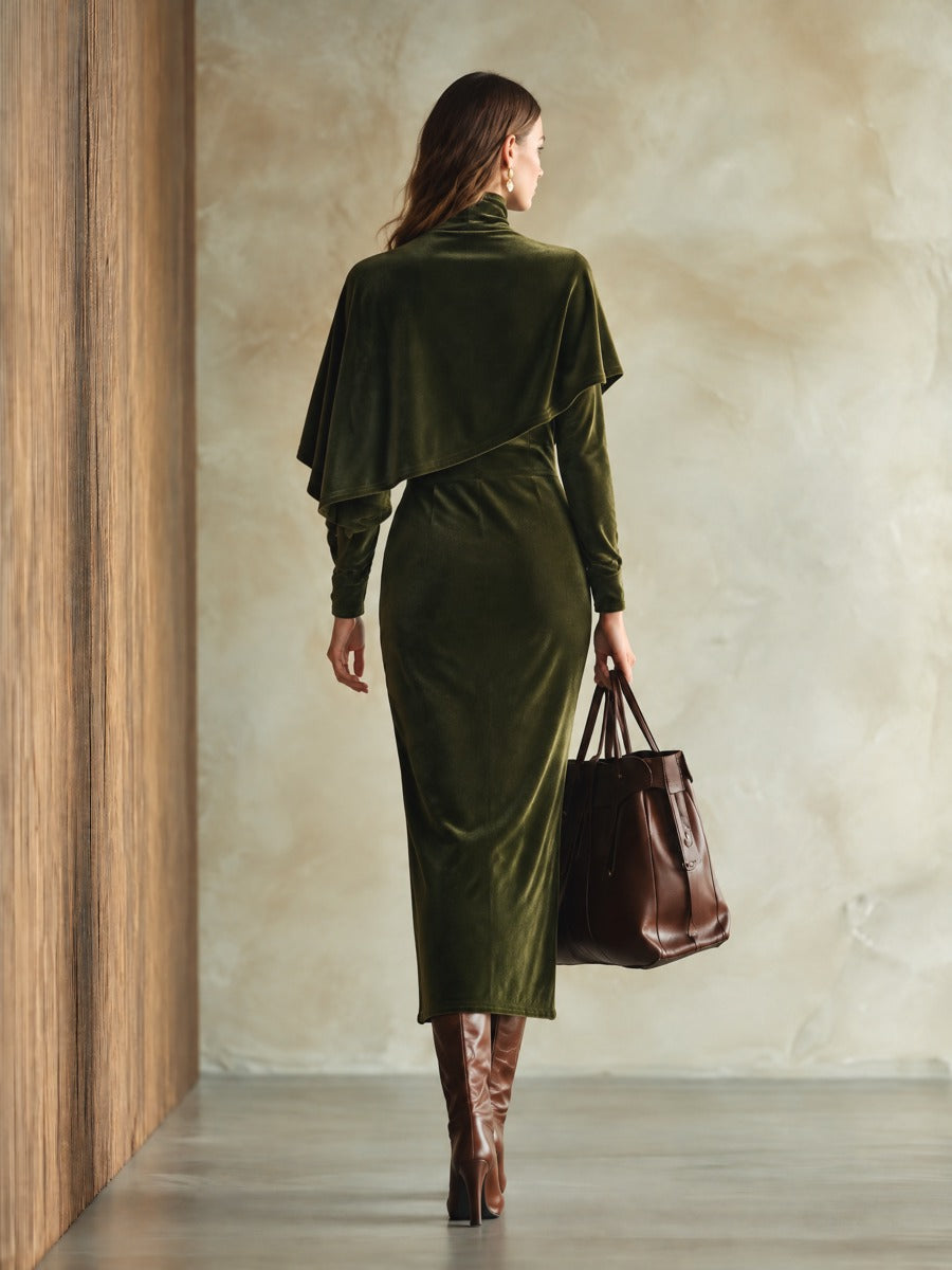 Women's Velvet Midi Dress With Buttoned Cape Overlay