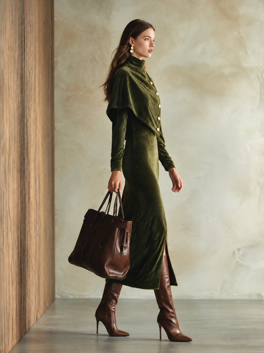 Women's Velvet Midi Dress With Buttoned Cape Overlay