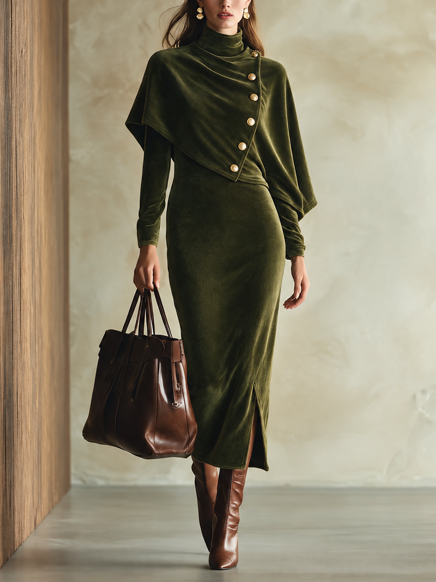 Women's Velvet Midi Dress With Buttoned Cape Overlay