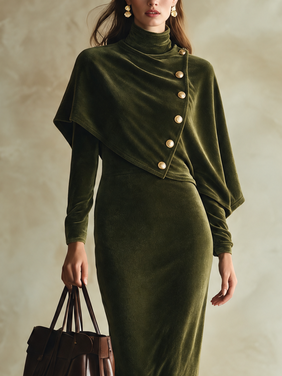 Women's Velvet Midi Dress With Buttoned Cape Overlay