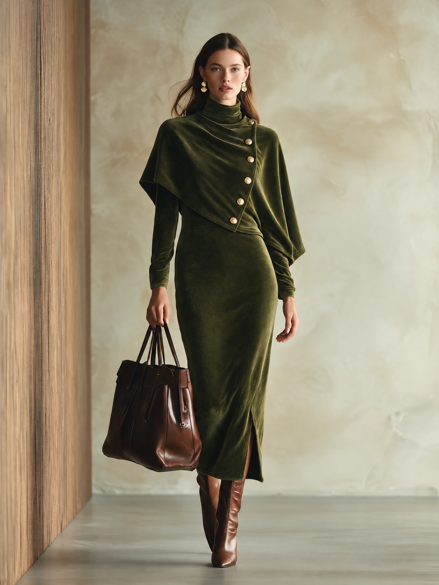 Women's Velvet Midi Dress With Buttoned Cape Overlay