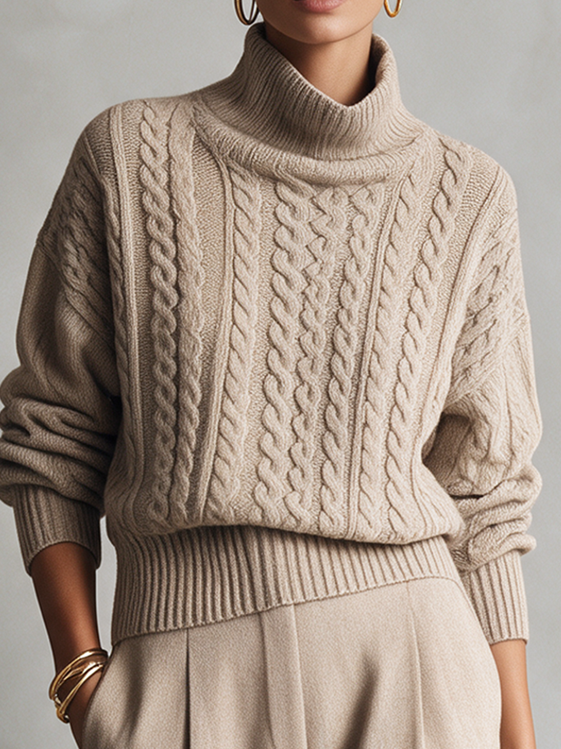 Women’s Casual Khaki Cable-knit Turtleneck Long-sleeve Sweater