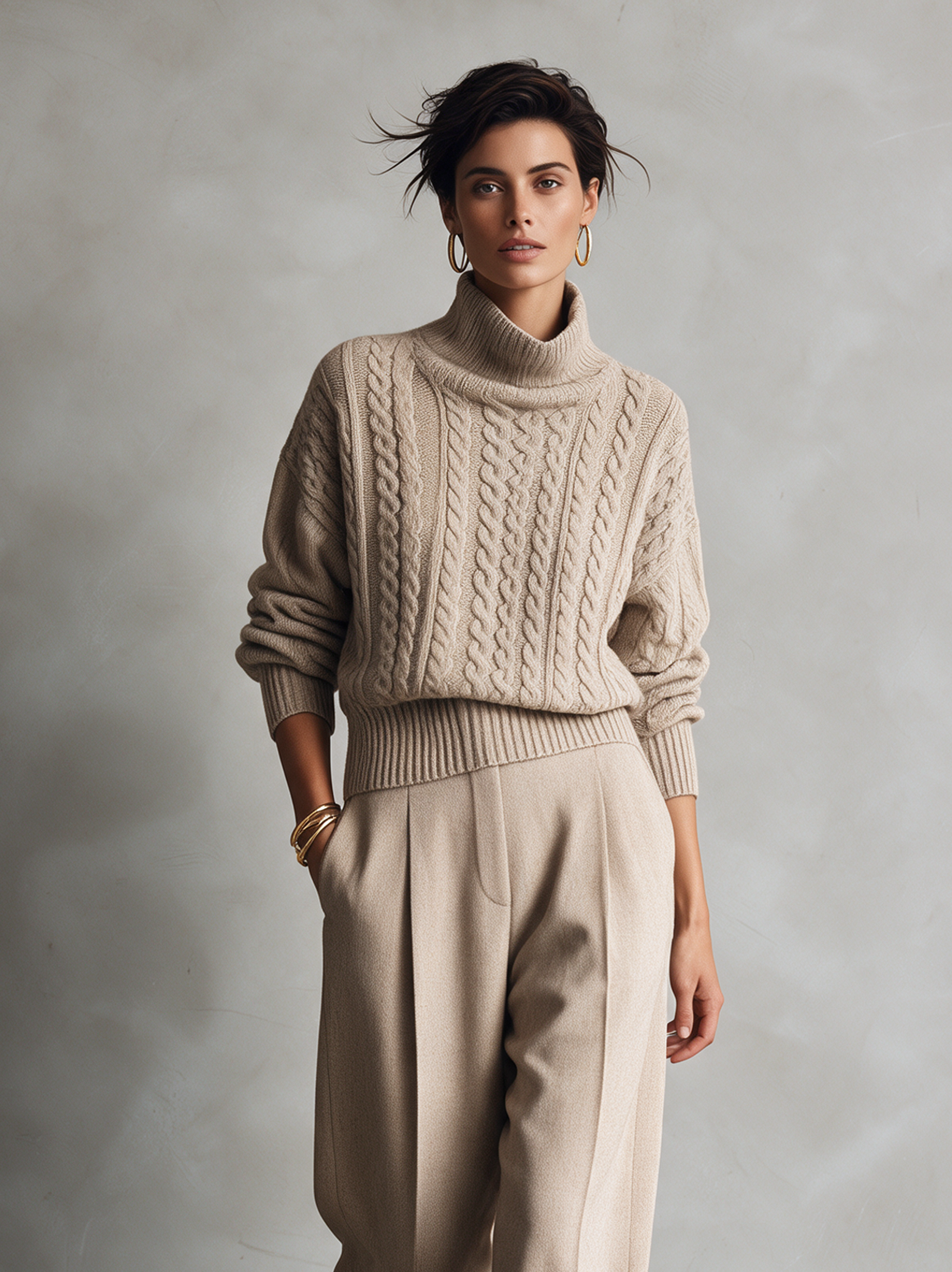 Women’s Casual Khaki Cable-knit Turtleneck Long-sleeve Sweater