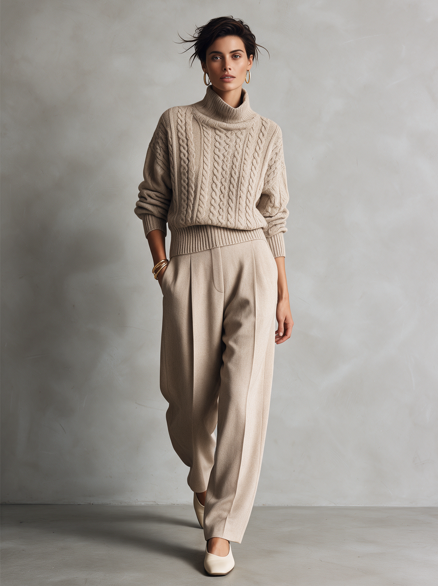 Women’s Casual Khaki Cable-knit Turtleneck Long-sleeve Sweater