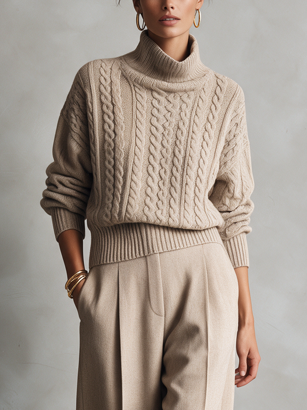 Women’s Casual Khaki Cable-knit Turtleneck Long-sleeve Sweater