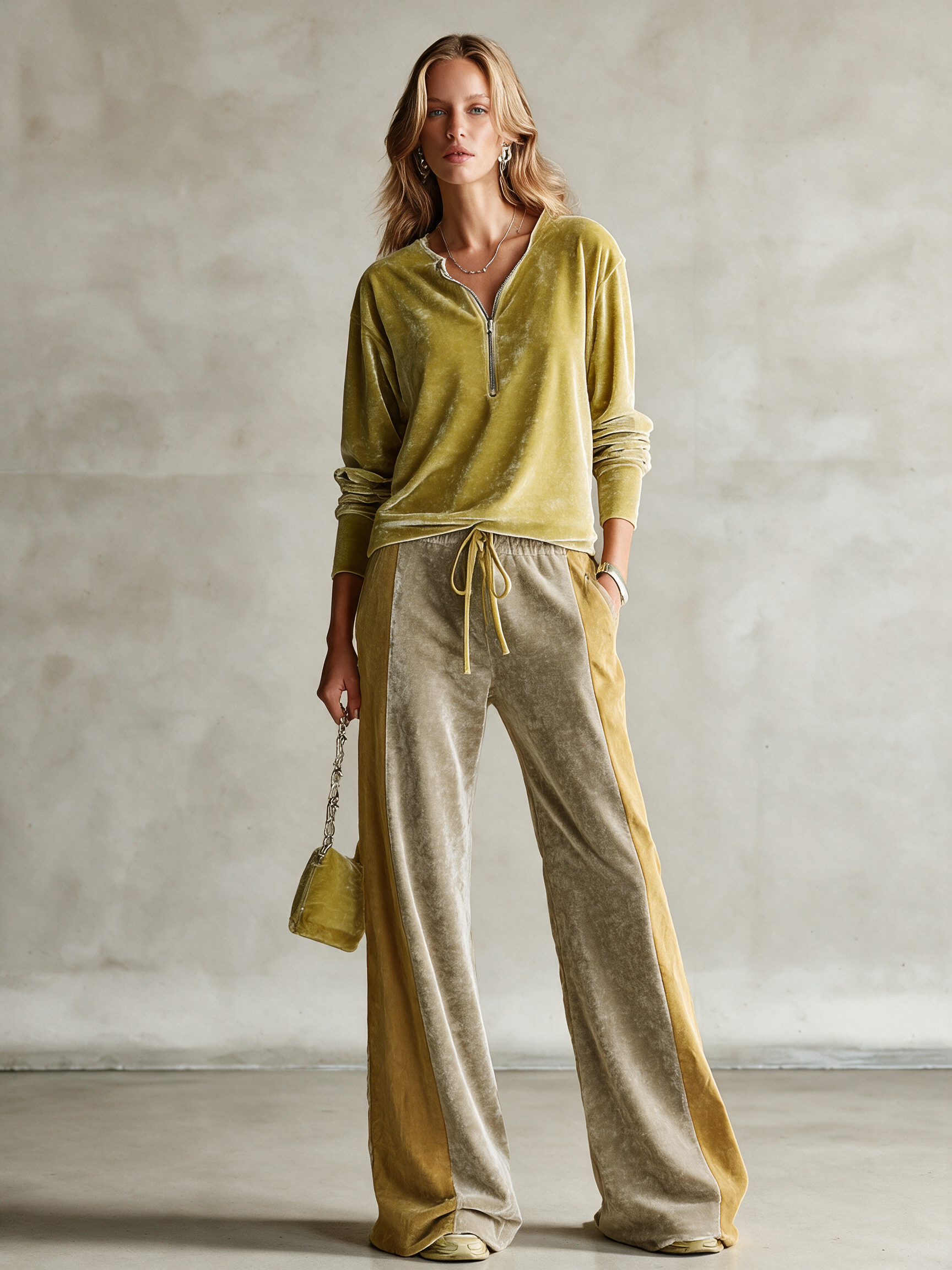 Women's Velvet Half‑Zip Color‑Block Two‑Piece Set