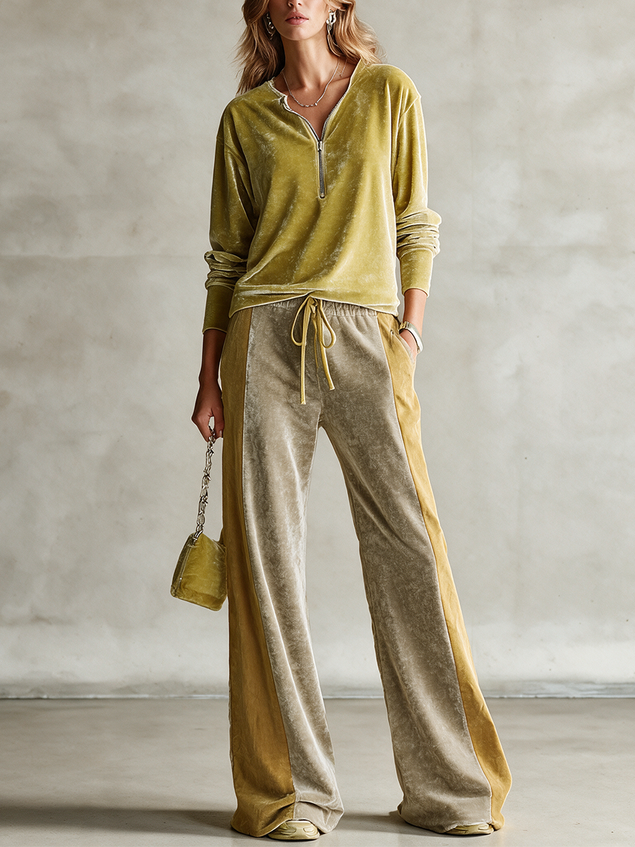 Women's Velvet Half‑Zip Color‑Block Two‑Piece Set