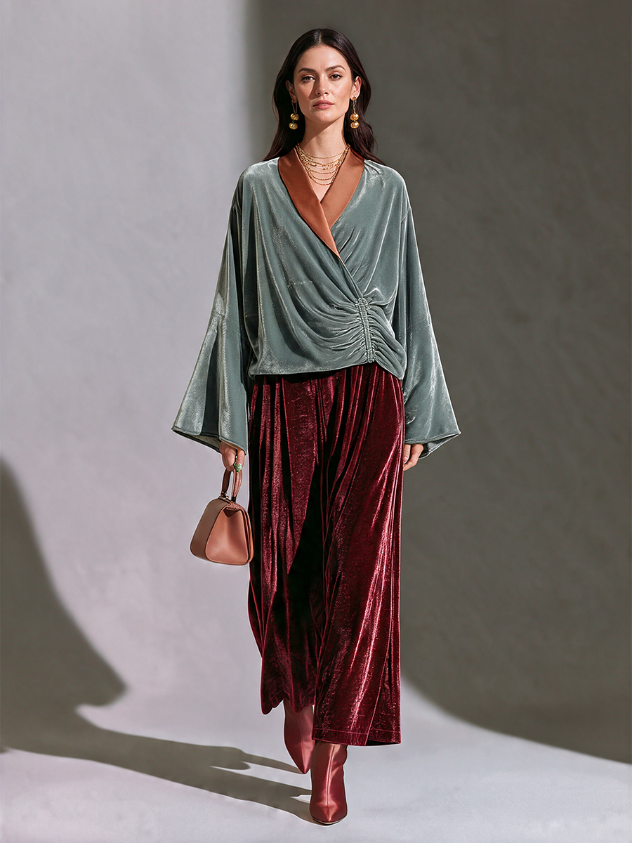 Women's High-Waisted Draped Velvet Wide-Leg Trousers