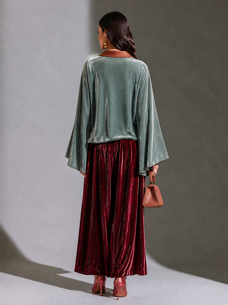 Women's High-Waisted Draped Velvet Wide-Leg Trousers
