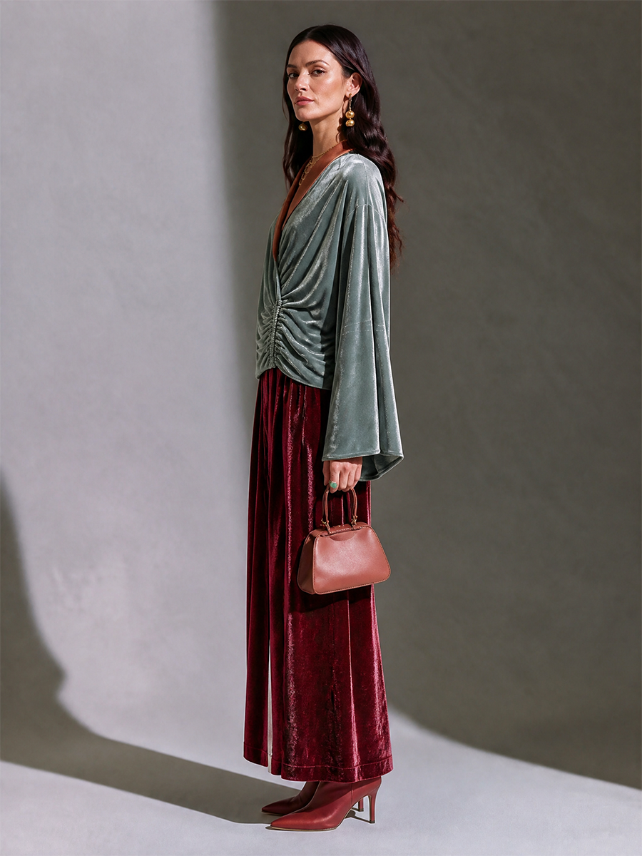 Women's High-Waisted Draped Velvet Wide-Leg Trousers