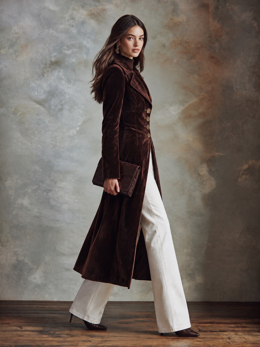 Women's Long Velvet Coat With Lapel And Waist-Defining Cut