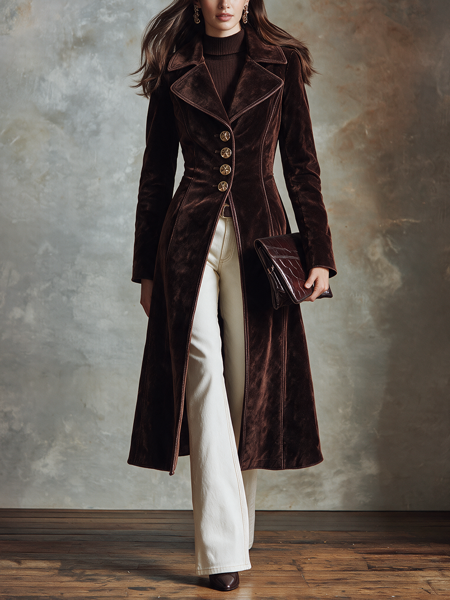 Women's Long Velvet Coat With Lapel And Waist-Defining Cut