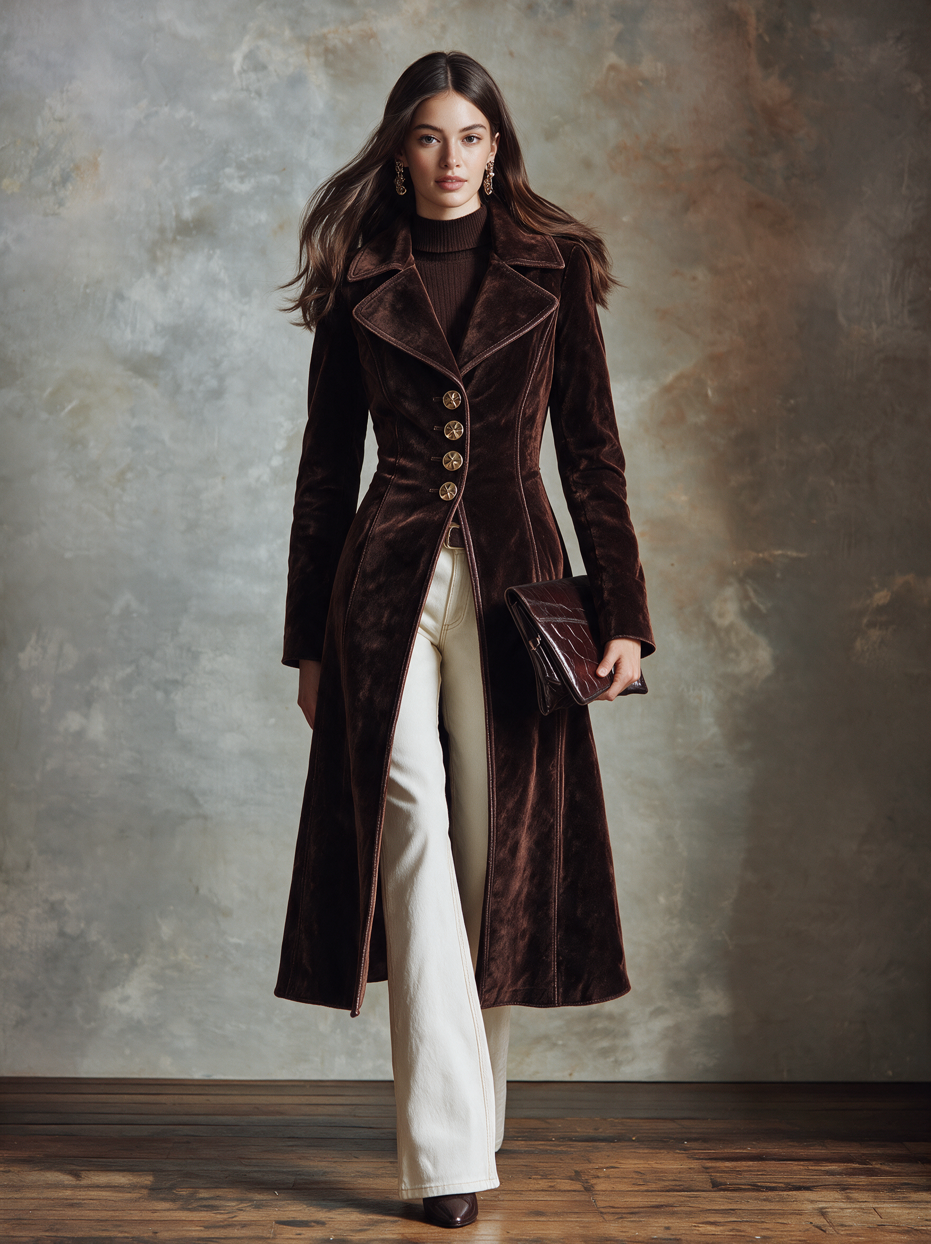 Women's Long Velvet Coat With Lapel And Waist-Defining Cut