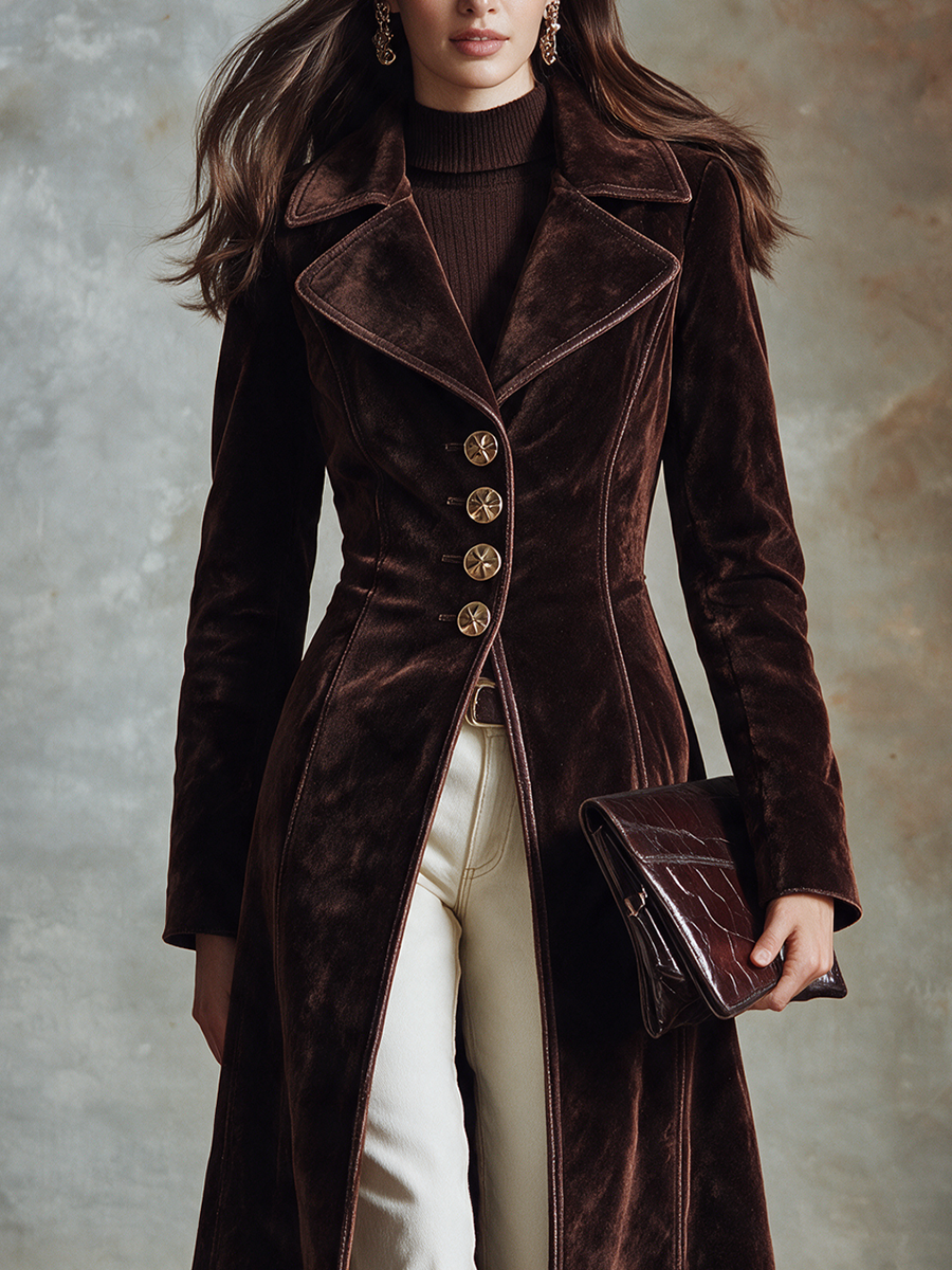 Women's Long Velvet Coat With Lapel And Waist-Defining Cut