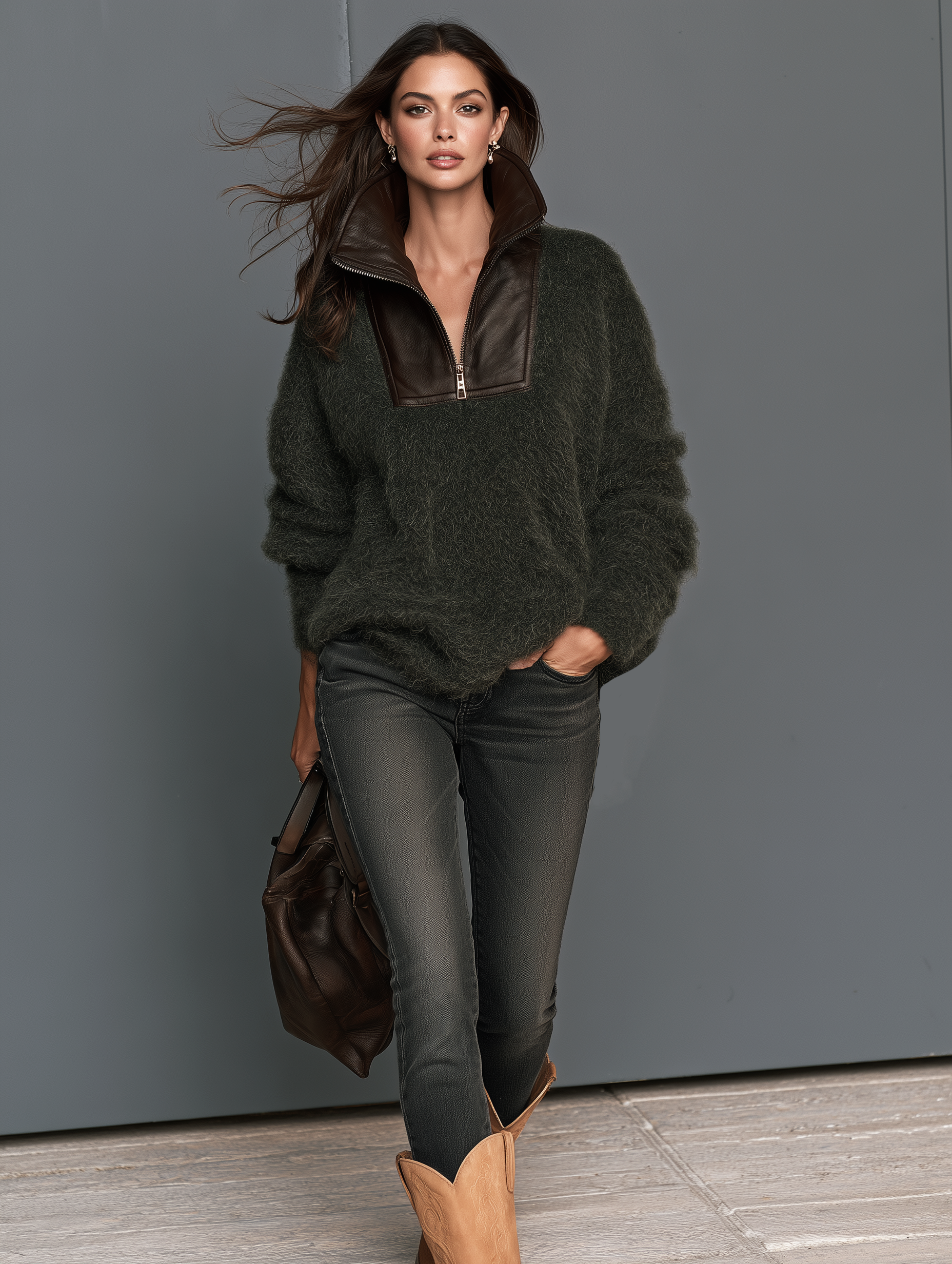Women’s Casual Olive-green Mohair-blend Sweater With Leather-paneled Neckline