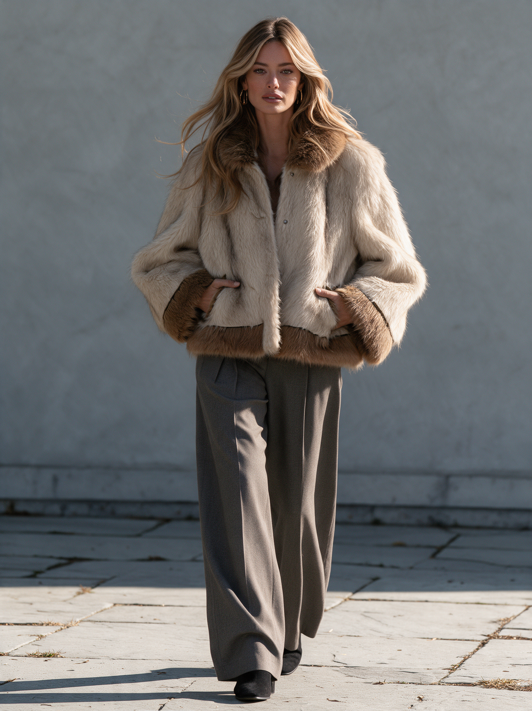 Women’s Casual Beige Eco-fur Long-sleeve Coat