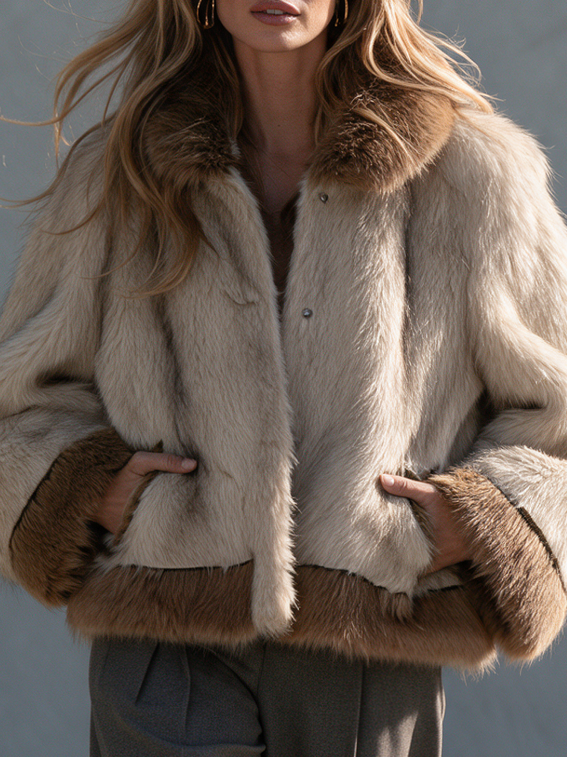 Women’s Casual Beige Eco-fur Long-sleeve Coat