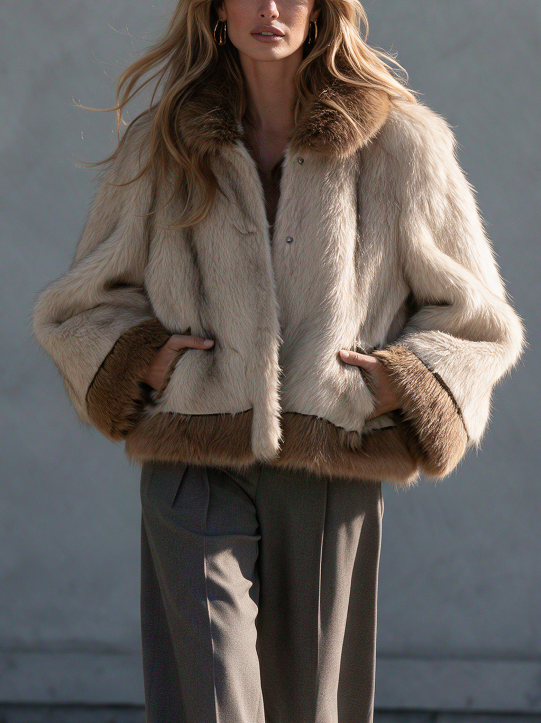 Women’s Casual Beige Eco-fur Long-sleeve Coat