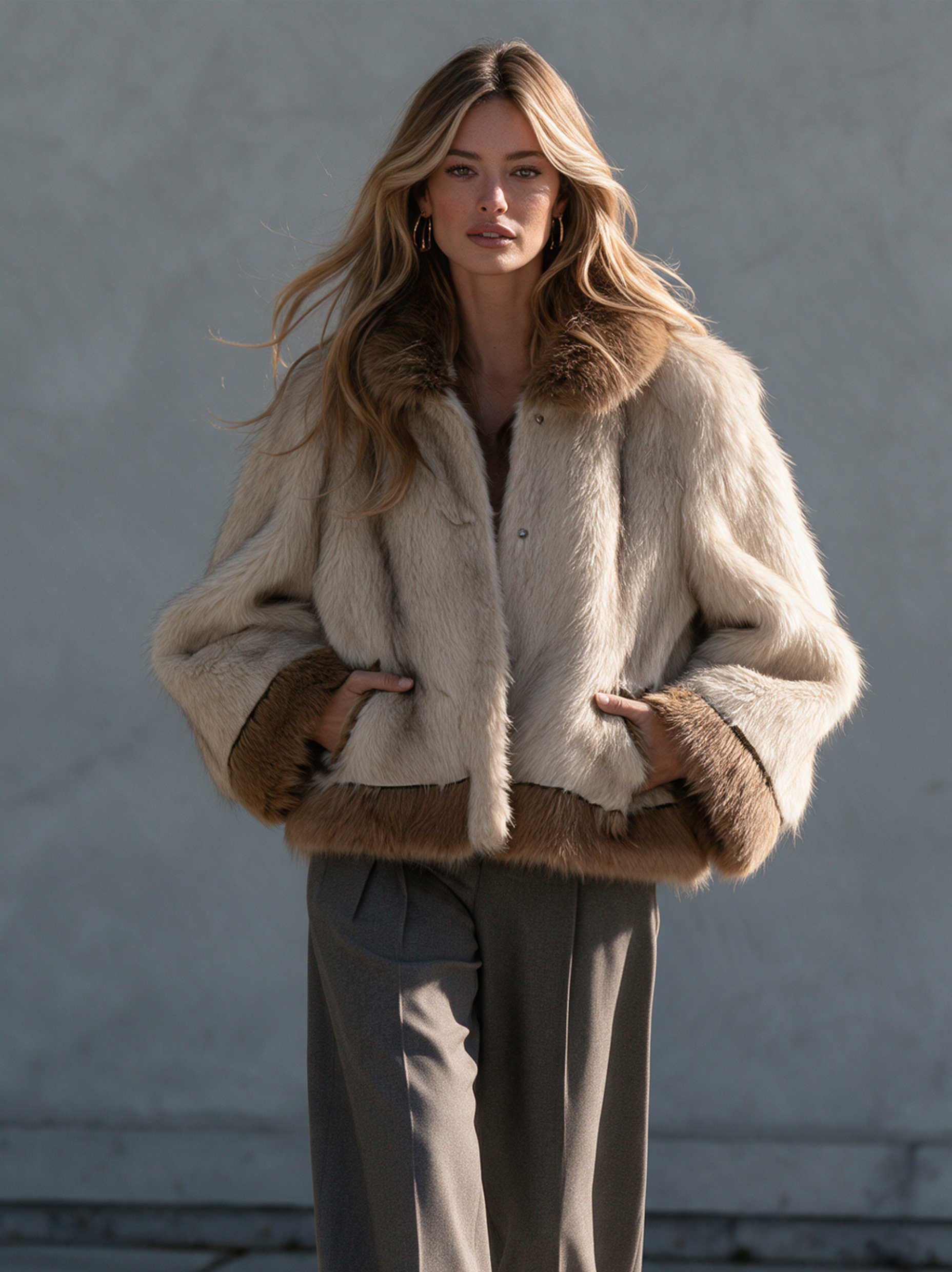 Women’s Casual Beige Eco-fur Long-sleeve Coat